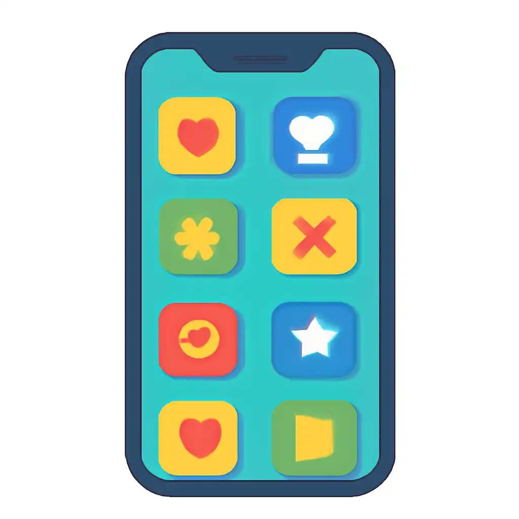 Smartphone shown from the front displaying a colourful flat layout of abstract game icons and rounded tiles (no text, no letters, no labels), 55 Lottery