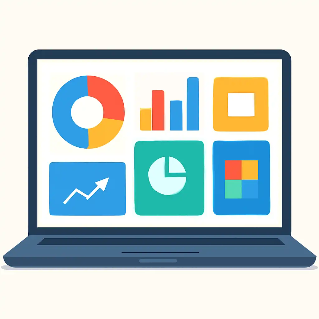 Laptop shown from the front displaying a colourful flat dashboard of abstract charts, bars and icon tiles (no text, no letters, no labels), 55 Lottery